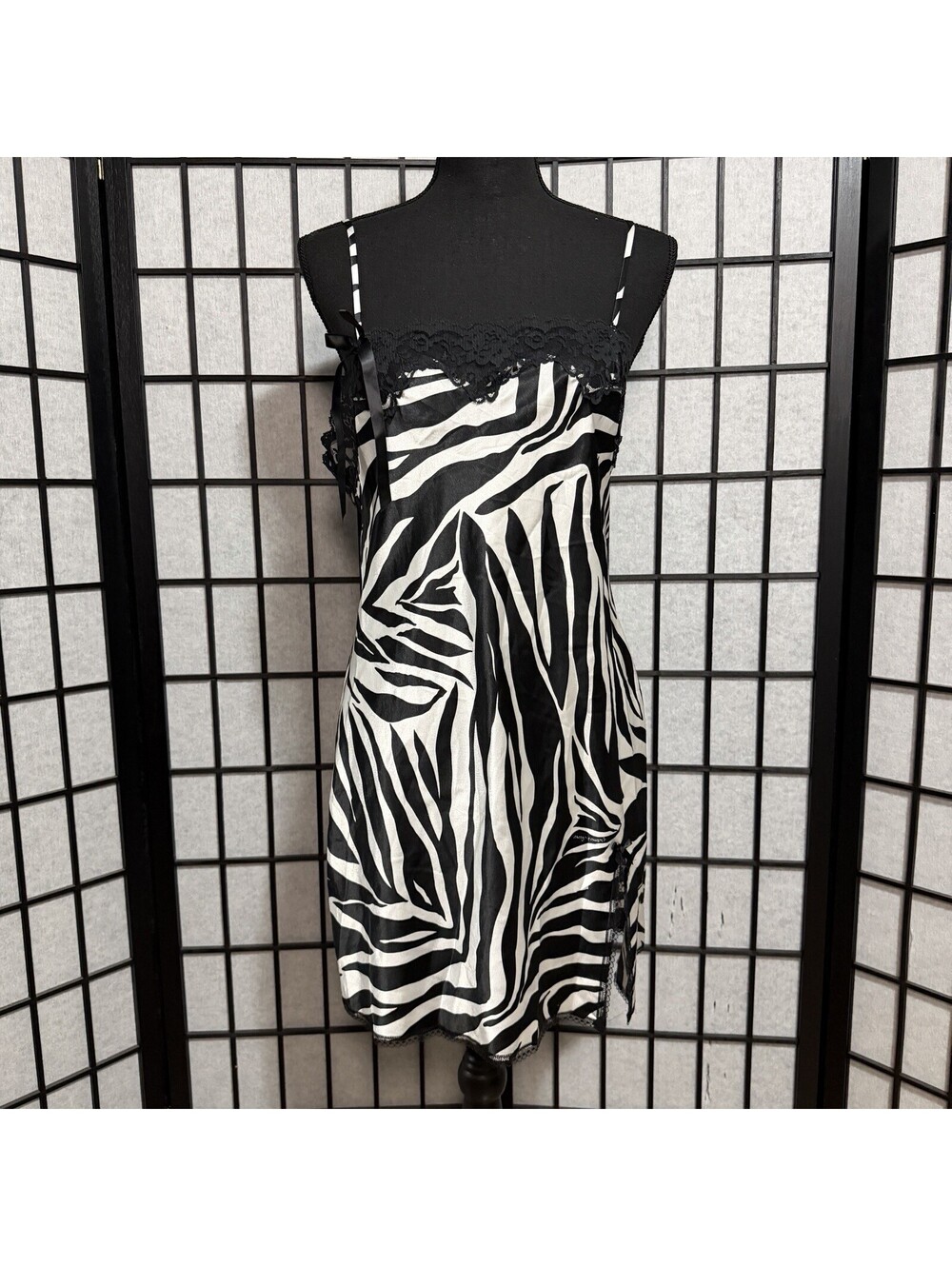 Victoria's Secret Zebra Print Satin Slip Dress Black Lace Trim Y2K Sz M